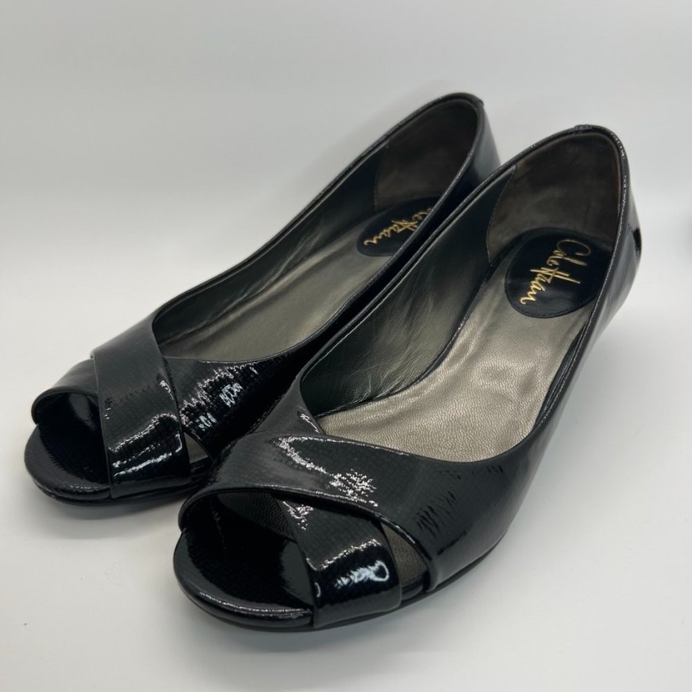 Cole Haan Wedge Flat Black Patent Leather Peep Toe